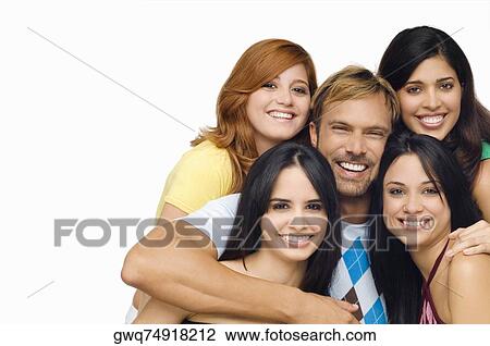 Portrait of a mid adult man posing with four young women View Large Photo Image Stock Image - Portrait of a mid adult man posing with four young women. Fotosearch