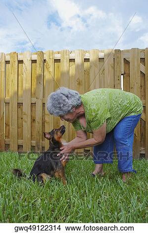 Side profile of a senior woman kissing a dog View Large Photo Image Picture - Side profile of a senior woman kissing a dog. Fotosearch