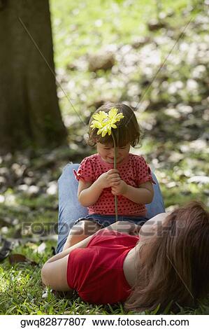 Young woman lying on grass with her daughter sitting on her stomach View Large Photo Image Stock Photo - Young woman lying on grass with her daughter sitting on her stomach. Fotosearch