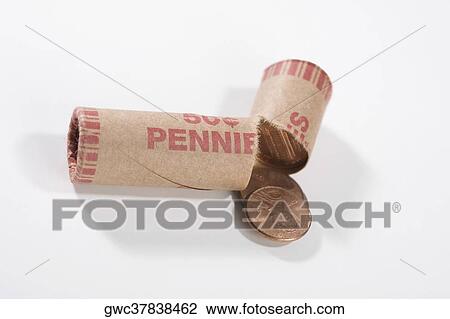 Stock Image - Close-up of a broken coin roll of pennies. Fotosearch