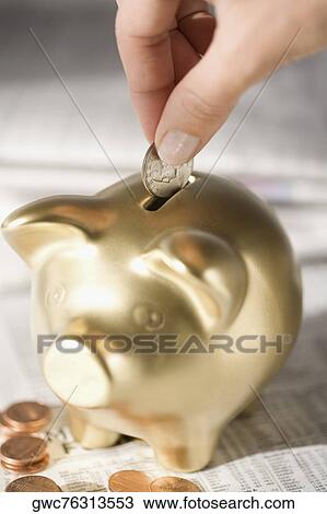 Close-up of a person's hand putting a coin into a piggy bank View Large Photo Image Stock Image - Close-up of a person's hand putting a coin into a piggy bank. Fotosearch