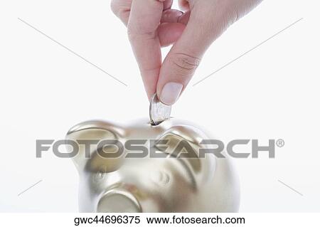 Close-up of a person's hand putting a coin into a piggy bank View Large Photo Image Stock Photography - Close-up of a person's hand putting a coin into a piggy bank. Fotosearch