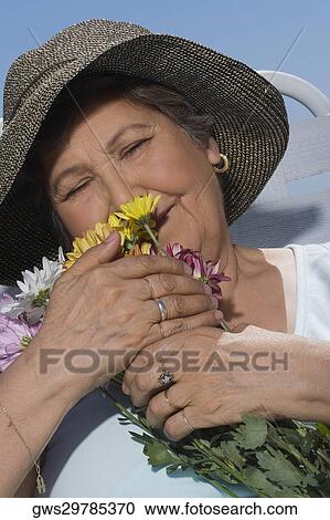 Close-up of a senior woman smelling bunch of flowers View Large Photo Image Stock Image - Close-up of a senior woman smelling bunch of flowers. Fotosearch