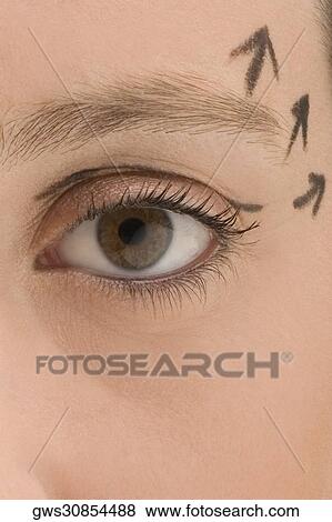 Close-up of a young woman with pre-surgical markings on her face View Large Photo Image Stock Photo - Close-up of a young woman with pre-surgical markings on her face. Fotosearch