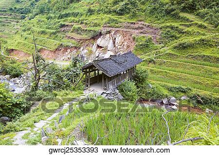 Stock Image - High angle view of a covered bridge across a stream, Jinkeng Terraced Field, Guangxi Province, China. Fotosearch