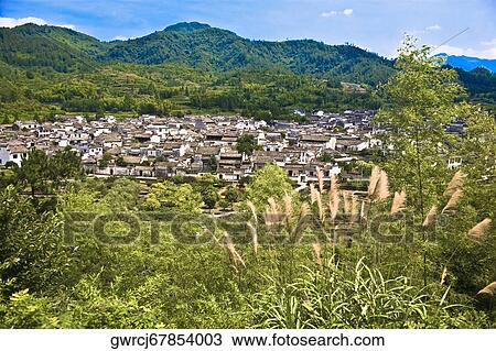 High angle view of a village, Xidi, Anhui Province, China View Large Photo Image Stock Image - High angle view of a village, Xidi, Anhui Province, China. Fotosearch