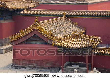 Stock Photo - High angle view of roofs of buildings, Forbidden City, Beijing, China. Fotosearch
