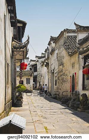 Houses along a street, Xidi, Anhui Province, China View Large Photo Image Stock Image - Houses along a street, Xidi, Anhui Province, China. Fotosearch