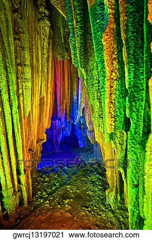 Stock Image - Interiors of a cave, Lotus Cave, Xingping, Yangshuo, Guangxi Province, China. Fotosearch
