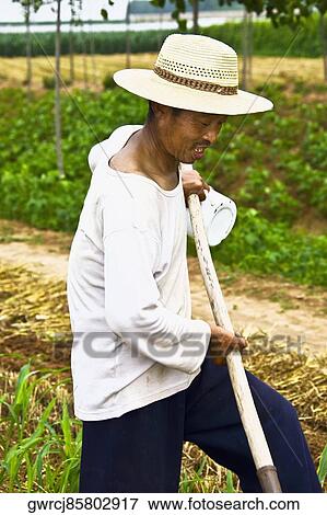 Stock Photo - Mature man working in a field, Zhigou, Shandong Province, China. Fotosearch