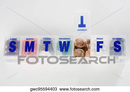 Prescription medication schedule box containing coins and capsules View Large Photo Image Stock Image - Prescription medication schedule box containing coins and capsules. Fotosearch