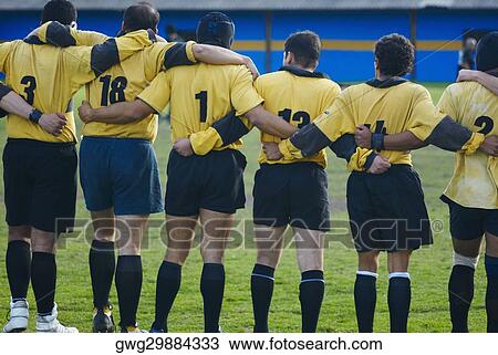 Rear view of rugby team standing with their arms around each other View Large Photo Image Stock Image - Rear view of rugby team standing with their arms around each other. Fotosearch