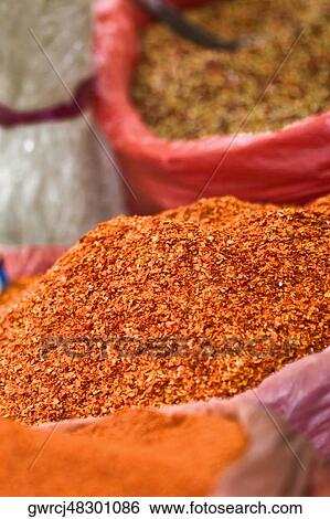 Stock Photograph - Sack of chili powder at a market stall, Tai'an, Shandong Province, China. Fotosearch