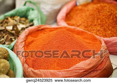 Stock Photography - Sack of chili powder at a market stall, Tai'an, Shandong Province, China. Fotosearch