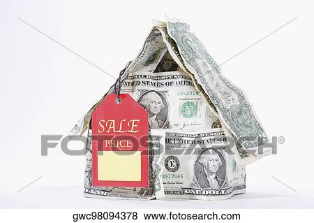 Sale tag attached with a miniature house made up of US dollar bills View Large Photo Image Stock Photo - Sale tag attached with a miniature house made up of US dollar bills. Fotosearch
