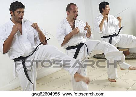 Stock Photograph - Two mid adult men with a young man practicing karate. Fotosearch