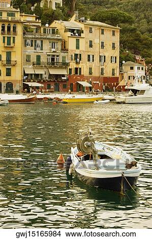 Picture - Boat moored at a harbor, Italian Riviera, Porticciolo, Portofino, Genoa, Liguria, Italy. Fotosearch