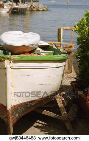 Stock Photo - Boat moored at the seaside, Marina Grande, Capri, Sorrento, Sorrentine Peninsula, Naples Province, Campania, Italy. Fotosearch