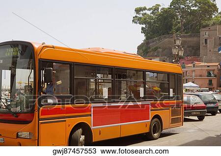 Stock Image - Bus on the road, Marina Grande, Capri, Sorrento, Sorrentine Peninsula, Naples Province, Campania, Italy. Fotosearch