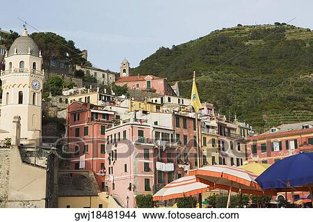 Church in a town, Cinque Terre National Park, Church of Santa Margherita d'Antiochia, Italian Riviera, Piazza Marconi, Vernazza, La Spezia, Liguria, Italy View Large Photo Image Picture - Church in a town, Cinque Terre National Park, Church of Santa Margherita d'Antiochia, Italian Riviera, Piazza Marconi, Vernazza, La Spezia, Liguria, Italy. Fotosearch