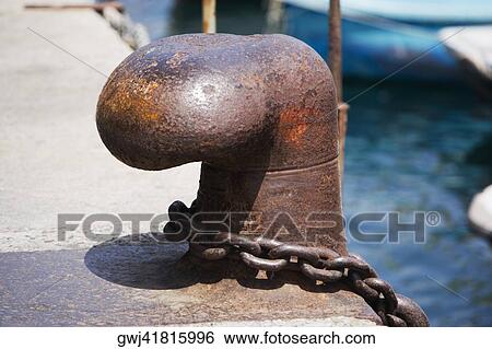 Stock Photograph - Close-up of a cleat with a chain, Italian Riviera, Santa Margherita Ligure, Genoa, Liguria, Italy. Fotosearch
