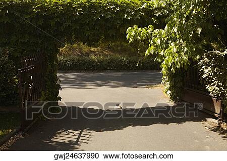 Stock Image - Entrance gate of a garden, Aquitaine, France. Fotosearch