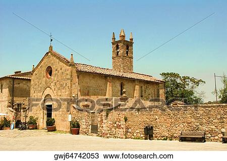 Facade of a church, Romanesque church, Piazza Roma, Monteriggioni, Siena Province, Tuscany, Italy View Large Photo Image Stock Image - Facade of a church, Romanesque church, Piazza Roma, Monteriggioni, Siena Province, Tuscany, Italy. Fotosearch