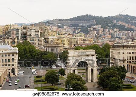 High angle view of a cityscape, Piazza Della Vittoria, Genoa, Liguria, Italy View Large Photo Image Stock Photography - High angle view of a cityscape, Piazza Della Vittoria, Genoa, Liguria, Italy. Fotosearch