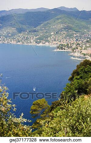 High angle view of a coastline, Recco, Italian Riviera, Genoa Province, Liguria, Italy View Large Photo Image Stock Photo - High angle view of a coastline, Recco, Italian Riviera, Genoa Province, Liguria, Italy. Fotosearch