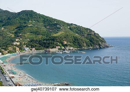 High angle view of a coastline, Levanto, La Spezia, Liguria, Italy View Large Photo Image Stock Photo - High angle view of a coastline, Levanto, La Spezia, Liguria, Italy. Fotosearch