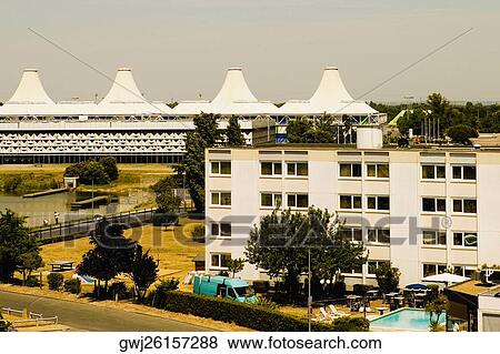 Stock Photo - High angle view of a hotel in a city, Bordeaux Lake, Bordeaux, Aquitaine, France. Fotosearch