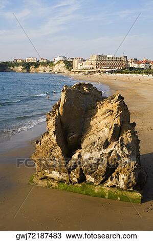 High angle view of a rock on the beach, Grande Plage, Hotel du Palais, Biarritz, France View Large Photo Image Stock Image - High angle view of a rock on the beach, Grande Plage, Hotel du Palais, Biarritz, France. Fotosearch
