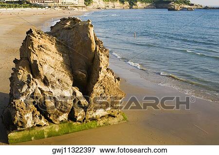 High angle view of a rock on the beach, Grande Plage, Biarritz, France View Large Photo Image Stock Photo - High angle view of a rock on the beach, Grande Plage, Biarritz, France. Fotosearch