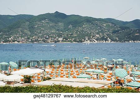 Stock Photo - High angle view of a tourist resort, Italian Riviera, Mar Ligure, Santa Margherita Ligure, Genoa, Liguria, Italy. Fotosearch
