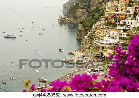 High angle view of a town at the seaside, Spiaggia Grande, Positano, Amalfi Coast, Salerno, Campania, Italy View Large Photo Image Stock Image - High angle view of a town at the seaside, Spiaggia Grande, Positano, Amalfi Coast, Salerno, Campania, Italy. Fotosearch