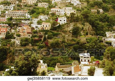 High angle view of a town, Positano, Amalfi Coast, Salerno, Campania, Italy View Large Photo Image Stock Photo - High angle view of a town, Positano, Amalfi Coast, Salerno, Campania, Italy. Fotosearch