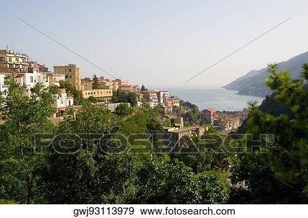 Stock Photo - High angle view of a town, Vietri sul Mare, Costiera Amalfitana, Salerno, Campania, Italy. Fotosearch