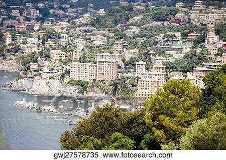 High angle view of a village, Camogli, Italian Riviera, Genoa Province, Liguria, Italy View Large Photo Image Stock Photography - High angle view of a village, Camogli, Italian Riviera, Genoa Province, Liguria, Italy. Fotosearch