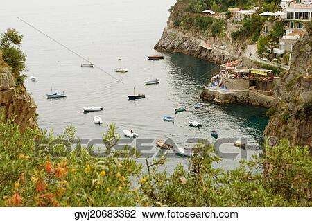 High angle view of boats in the sea, Praiano, Amalfi Coast, Salerno, Campania, Italy View Large Photo Image Stock Image - High angle view of boats in the sea, Praiano, Amalfi Coast, Salerno, Campania, Italy. Fotosearch