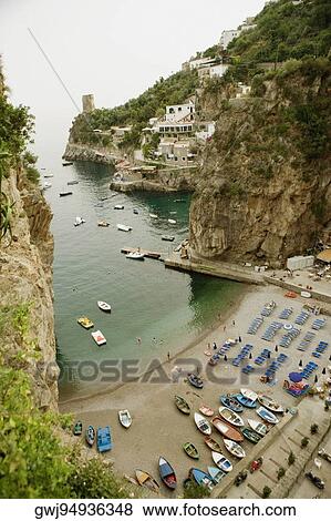 High angle view of boats in the sea, Torre Normanna, Praiano, Amalfi Coast, Salerno, Campania, Italy View Large Photo Image Stock Photo - High angle view of boats in the sea, Torre Normanna, Praiano, Amalfi Coast, Salerno, Campania, Italy. Fotosearch
