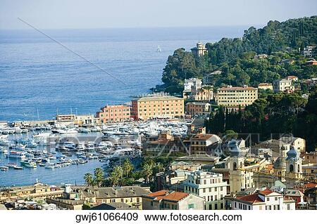 High angle view of buildings at the seaside, Italian Riviera, Santa Margherita Ligure, Genoa, Liguria, Italy View Large Photo Image Stock Photo - High angle view of buildings at the seaside, Italian Riviera, Santa Margherita Ligure, Genoa, Liguria, Italy. Fotosearch