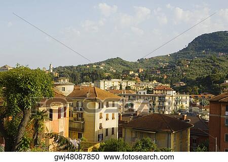 High angle view of buildings in a town, Italian Riviera, Santa Margherita Ligure, Genoa, Liguria, Italy View Large Photo Image Stock Image - High angle view of buildings in a town, Italian Riviera, Santa Margherita Ligure, Genoa, Liguria, Italy. Fotosearch