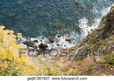 High angle view of rocks in the sea, Italian Riviera, Cinque Terre National Park, Mar Ligure, Cinque Terre, La Spezia, Liguria, Italy View Large Photo Image Stock Photo - High angle view of rocks in the sea, Italian Riviera, Cinque Terre National Park, Mar Ligure, Cinque Terre, La Spezia, Liguria, Italy. Fotosearch