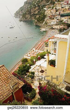 Stock Photography - High angle view of town at the seaside, Spiaggia Grande, Positano, Amalfi Coast, Salerno, Campania, Italy. Fotosearch