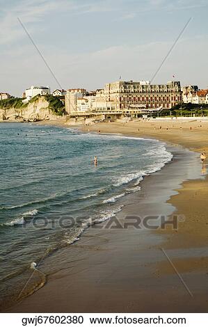 High angle view of waves on the beach, Grande Plage, Hotel du Palais, Biarritz, France View Large Photo Image Stock Image - High angle view of waves on the beach, Grande Plage, Hotel du Palais, Biarritz, France. Fotosearch