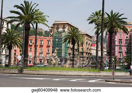 Palm trees in front of buildings, Fontana della Sirena, Piazza Sannazzaro, Naples, Naples Province, Campania, Italy View Large Photo Image Stock Photo - Palm trees in front of buildings, Fontana della Sirena, Piazza Sannazzaro, Naples, Naples Province, Campania, Italy. Fotosearch
