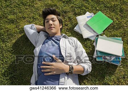 Portrait of a young man lying on grass View Large Photo Image Stock Photograph - Portrait of a young man lying on grass. Fotosearch