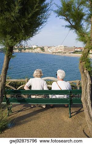 Rear view of a couple sitting on a bench, Grande Plage, Hotel du Palais, Biarritz, France View Large Photo Image Stock Photograph - Rear view of a couple sitting on a bench, Grande Plage, Hotel du Palais, Biarritz, France. Fotosearch