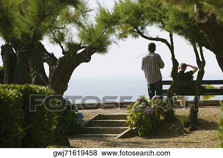 Stock Photo - Rear view of two men in a garden, St. Martin, Biarritz, France. Fotosearch