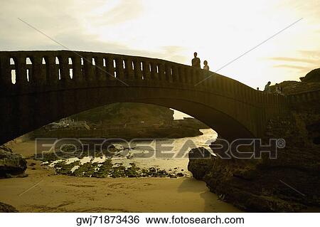 Stock Photograph - Tourists on the bridge over a beach, Port Des Pecheurs, Biarritz, France. Fotosearch